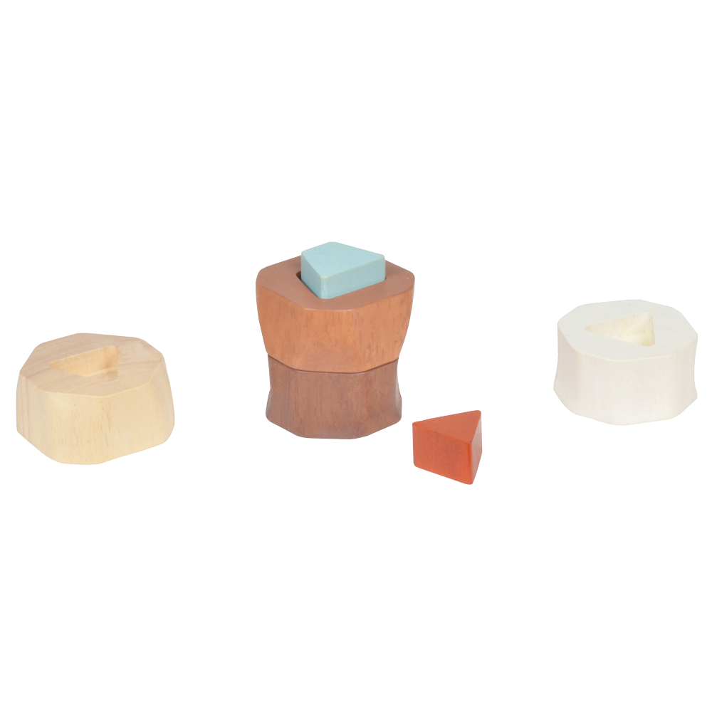 A wooden stacking toy consisting of a conical column with natural wood color bands and a white stacking ring on top.