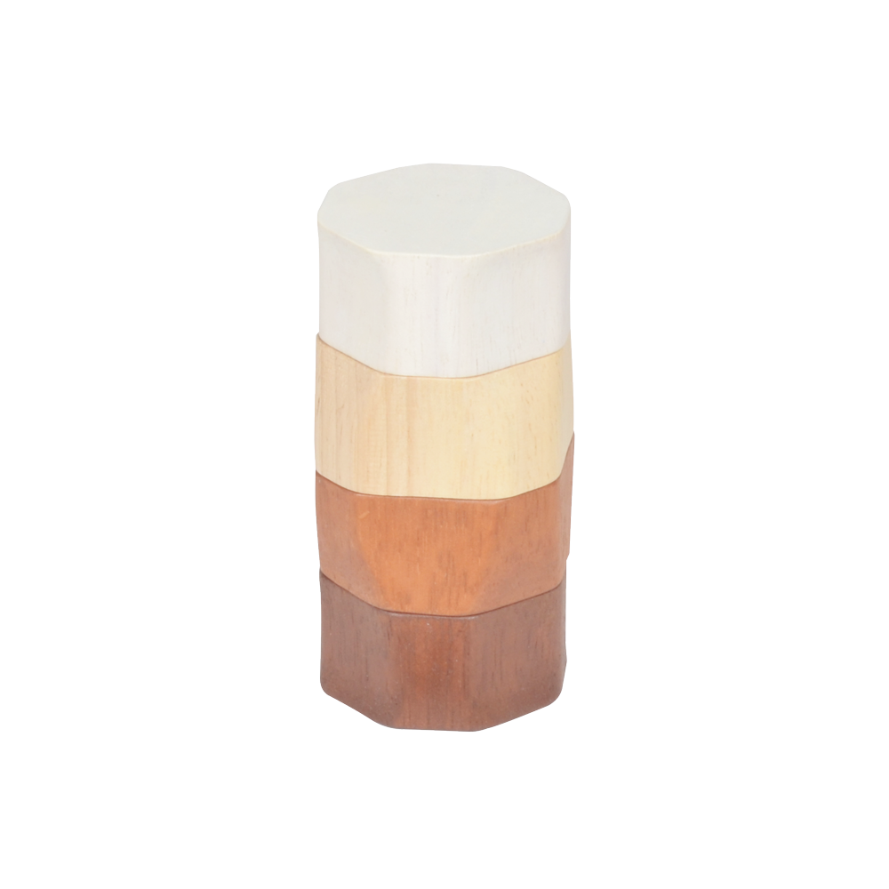 A wooden stacking toy consisting of a conical column with natural wood color bands and a white stacking ring on top.