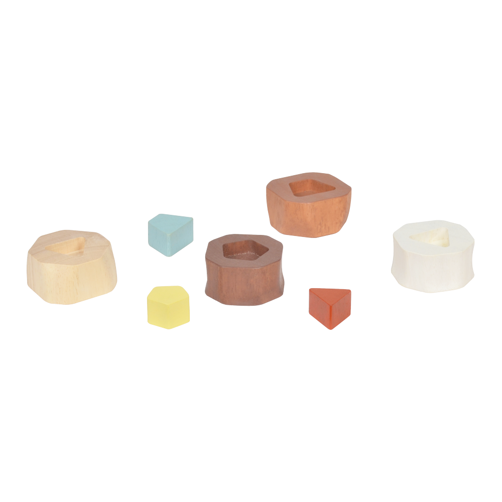 A wooden stacking toy consisting of a conical column with natural wood color bands and a white stacking ring on top.