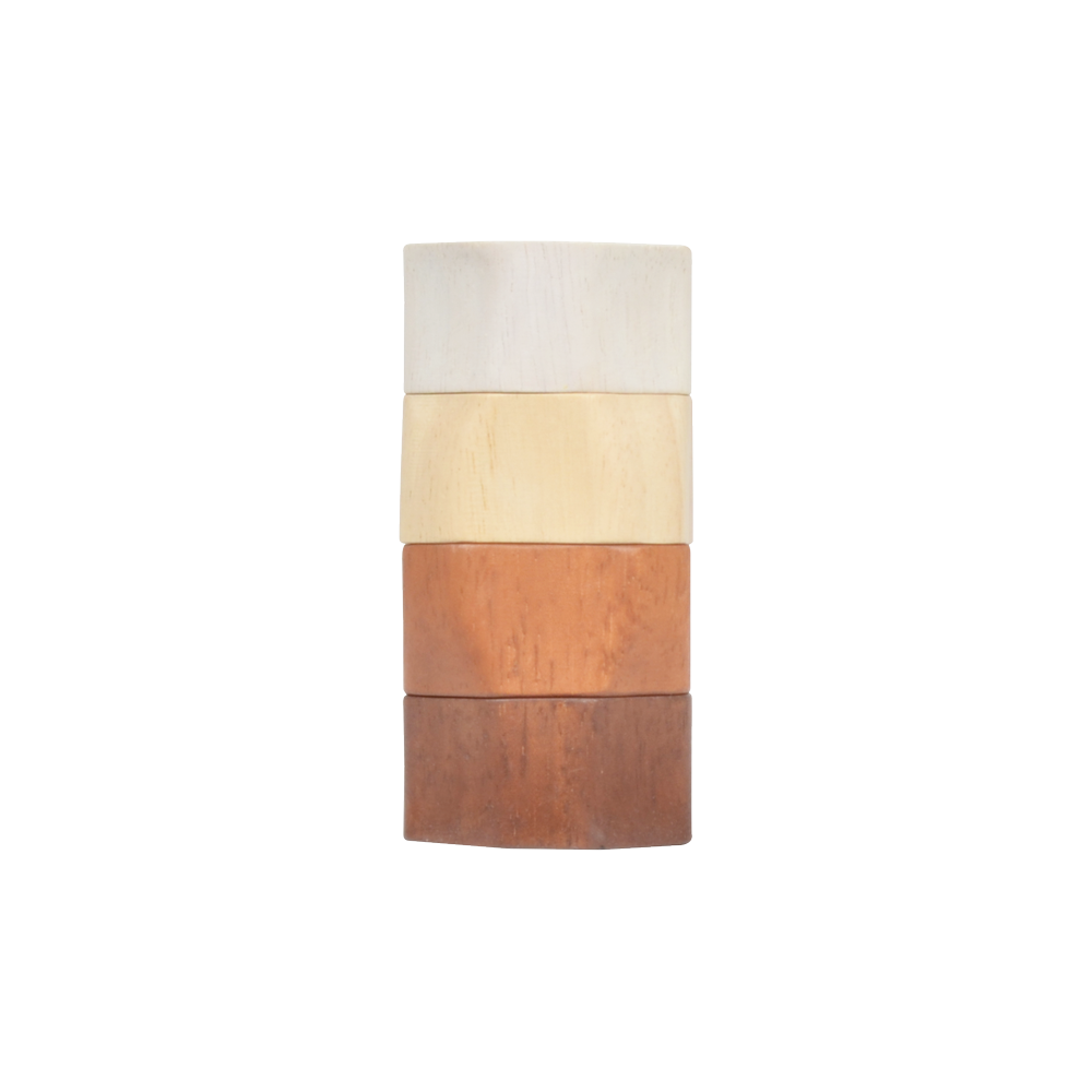 A wooden stacking toy consisting of a conical column with natural wood color bands and a white stacking ring on top.