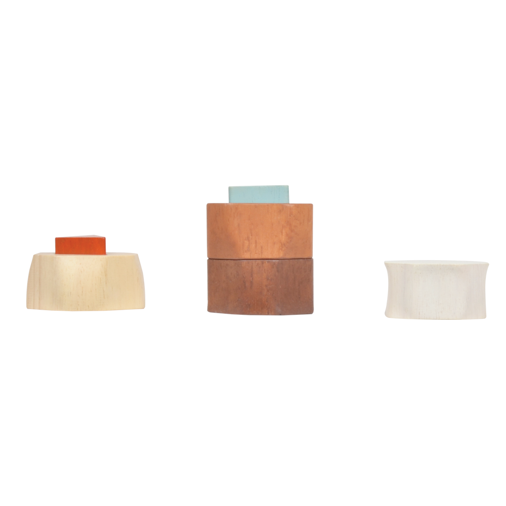 A wooden stacking toy consisting of a conical column with natural wood color bands and a white stacking ring on top.