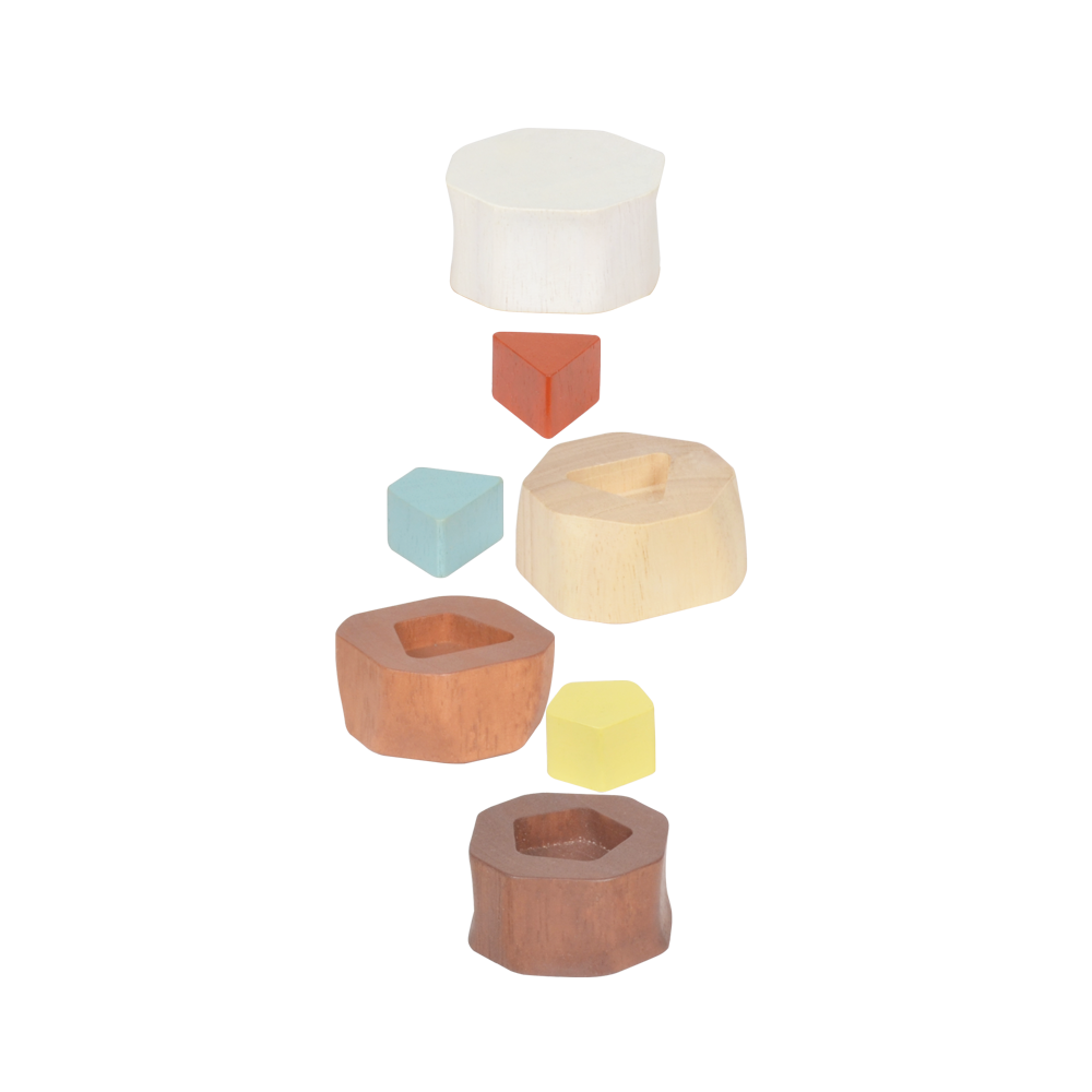 A wooden stacking toy consisting of a conical column with natural wood color bands and a white stacking ring on top.