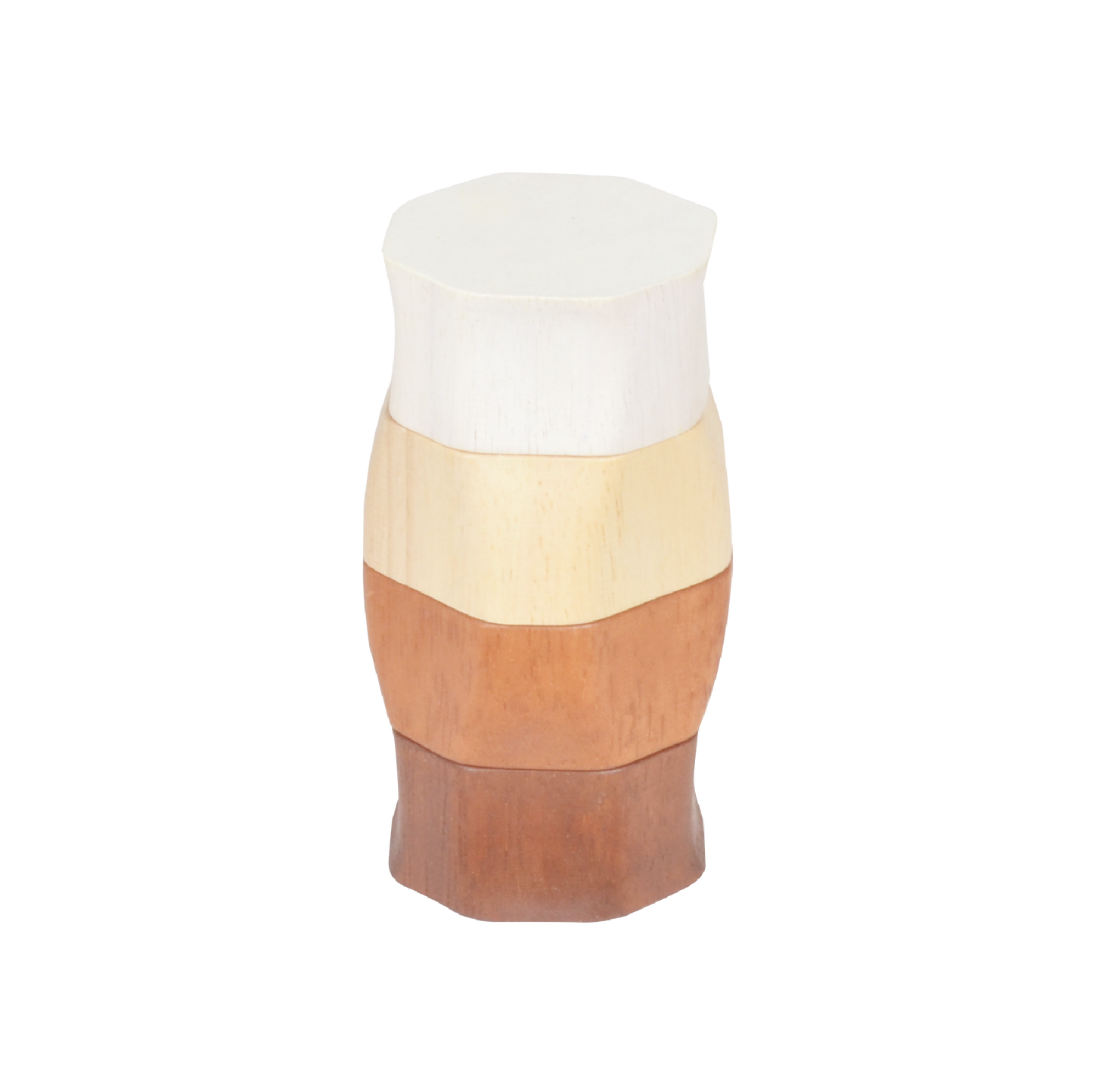 A wooden stacking toy consisting of a conical column with natural wood color bands and a white stacking ring on top.