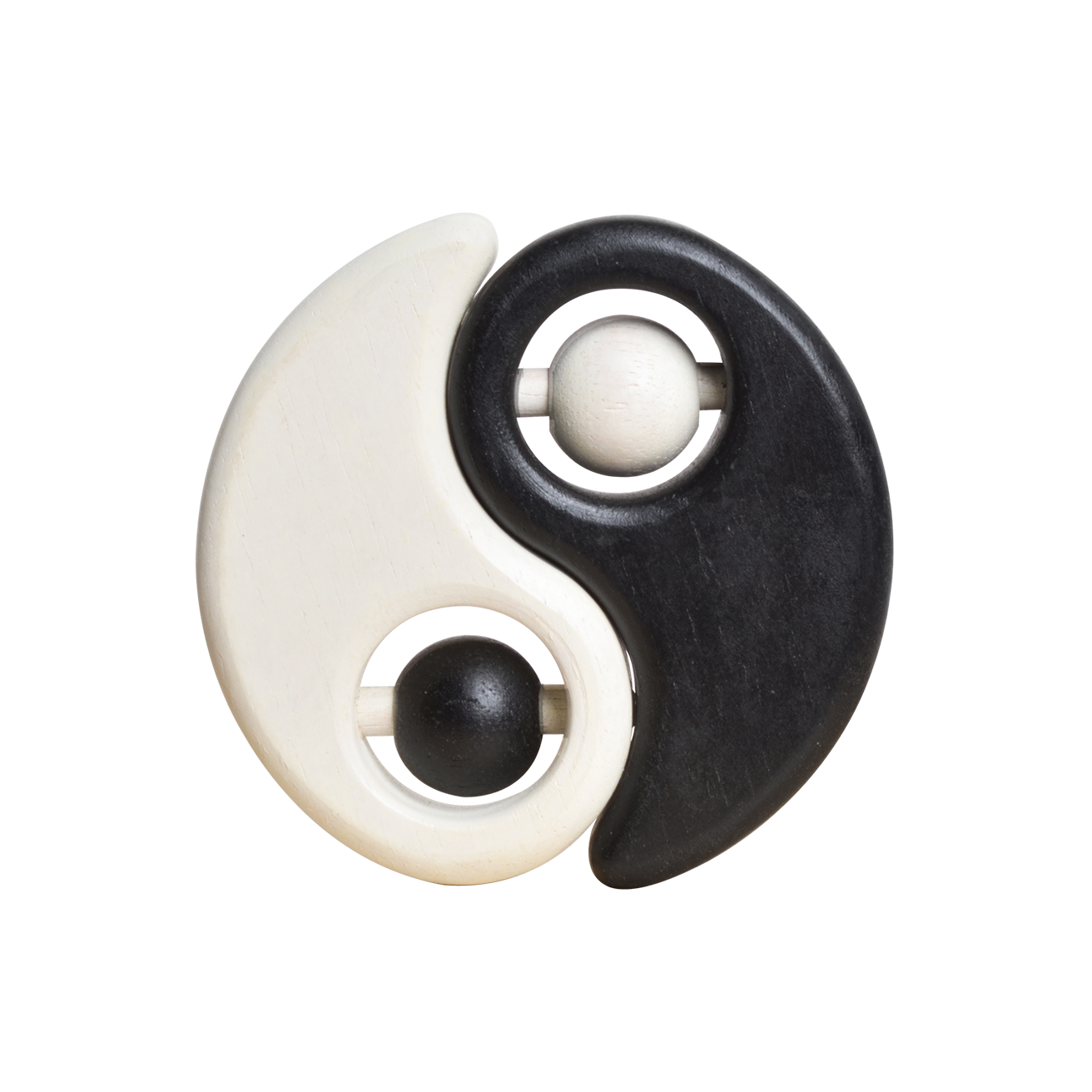 A baby rattle with a white and black color scheme, featuring a spherical shape on one side and a more elongated shape on the other, with a small bead-like object in the center.