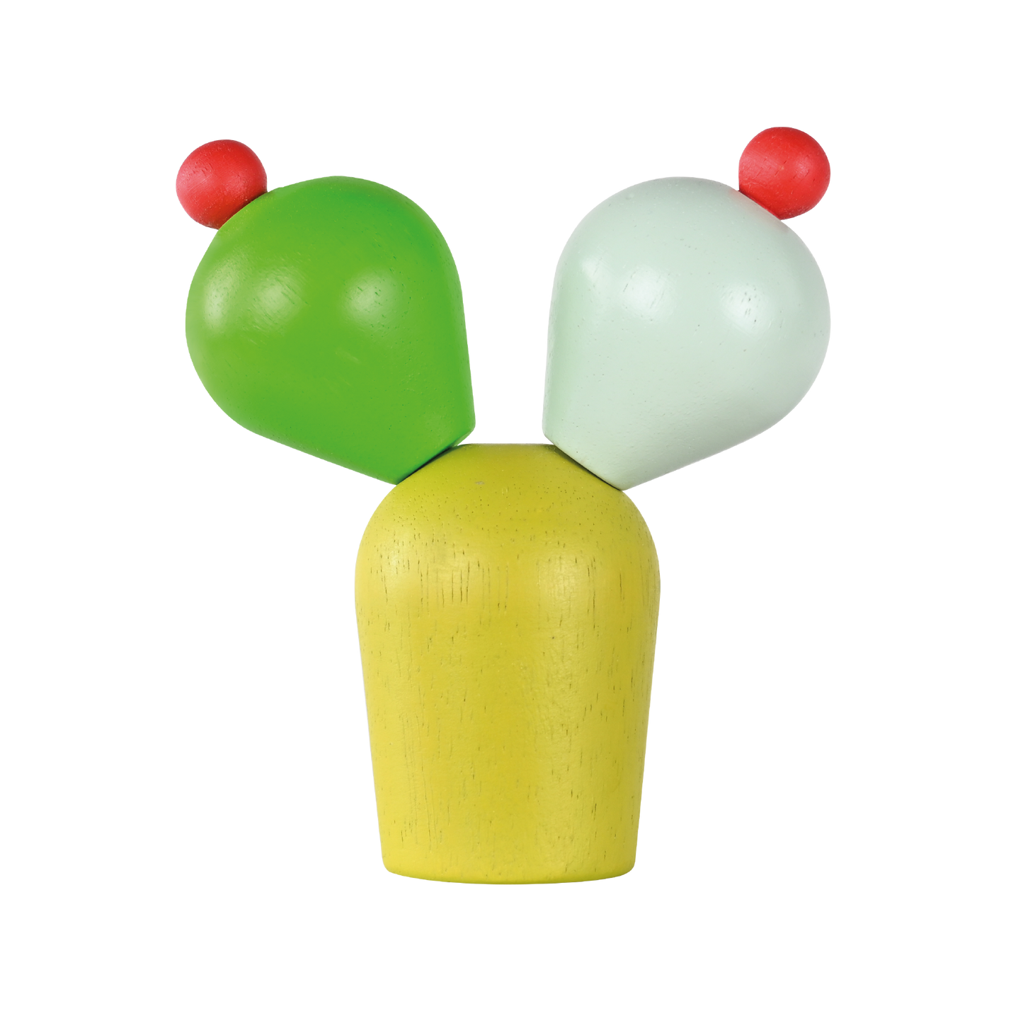 A colorful cactus-shaped baby rattle with green, yellow, and red parts on a wooden base.
