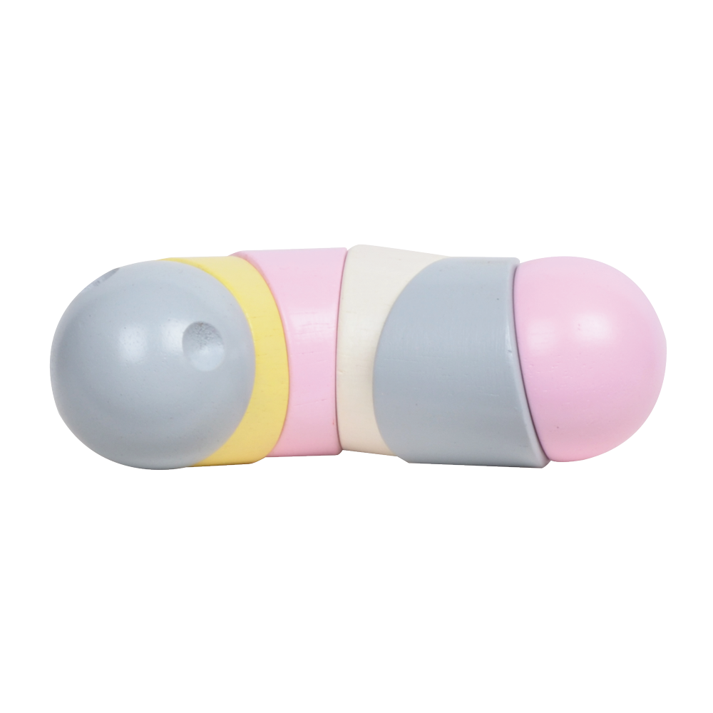 A colorful caterpillar-shaped rattle with segments in pastel pink, yellow, and blue colors, with a soft, plush texture.