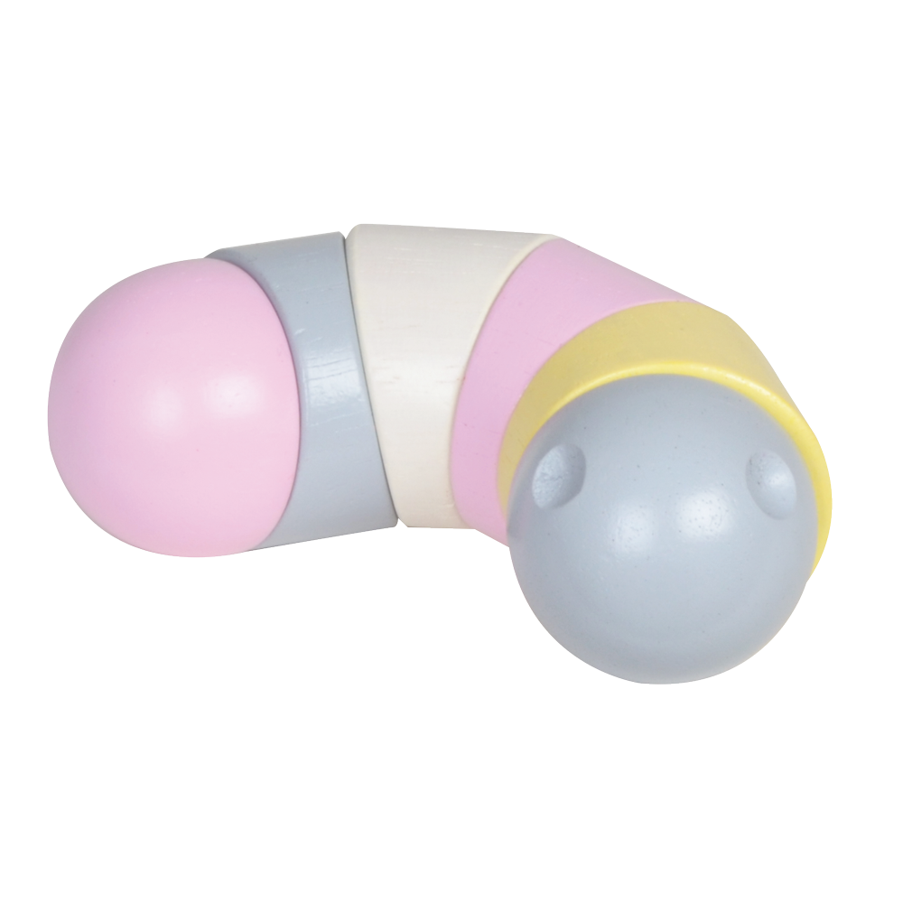 A colorful caterpillar-shaped rattle with segments in pastel pink, yellow, and blue colors, with a soft, plush texture.
