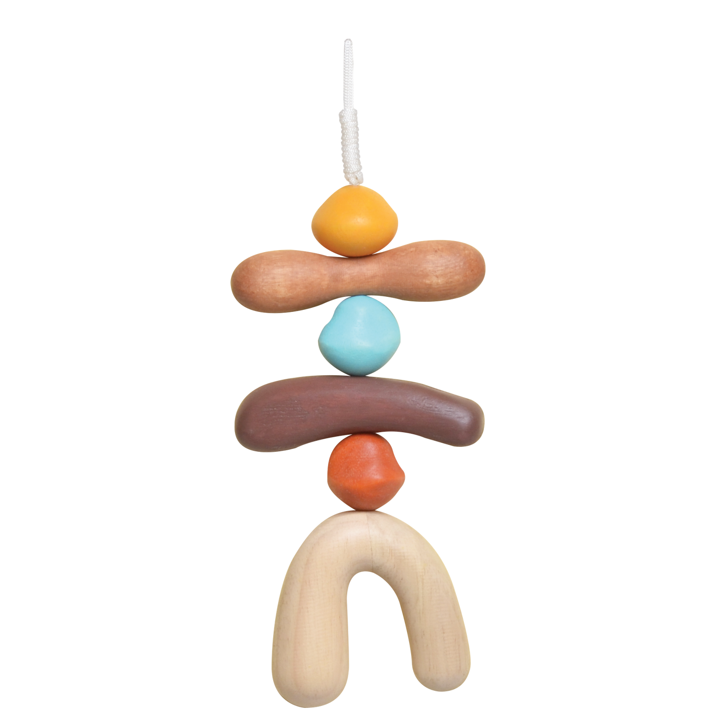 A colorful baby mobile with various geometric shaped hanging elements in shades of blue, orange, brown, and beige.