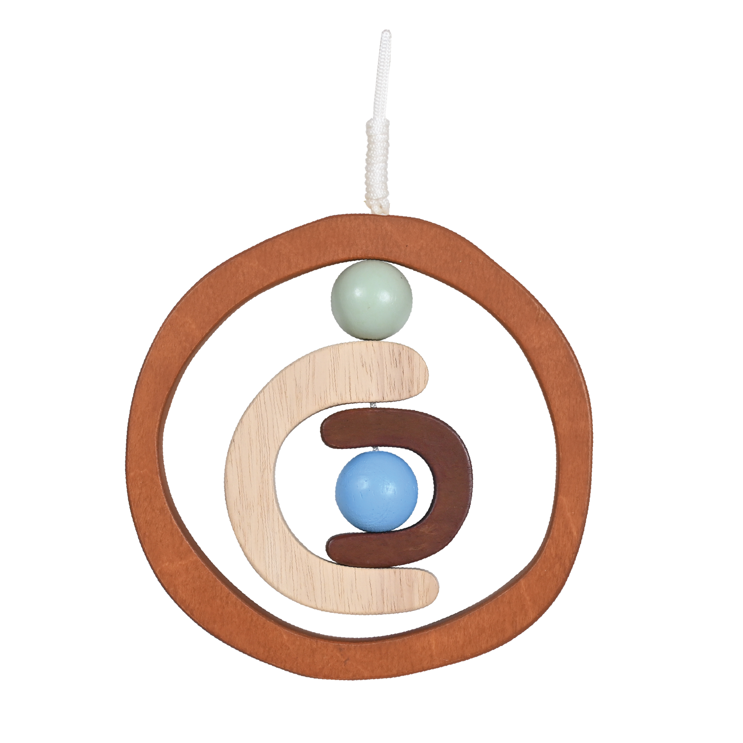 A wooden dream catcher with a circular frame, adorned with a beige and blue spherical ornament, designed as a baby rattle or nursery mobile.