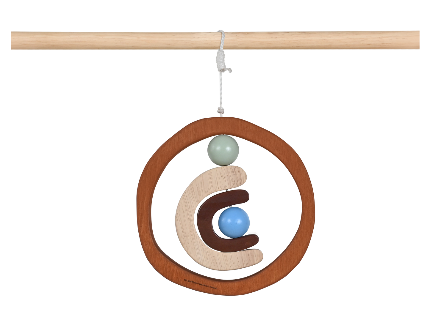 A wooden dream catcher with a circular frame, adorned with a beige and blue spherical ornament, designed as a baby rattle or nursery mobile.