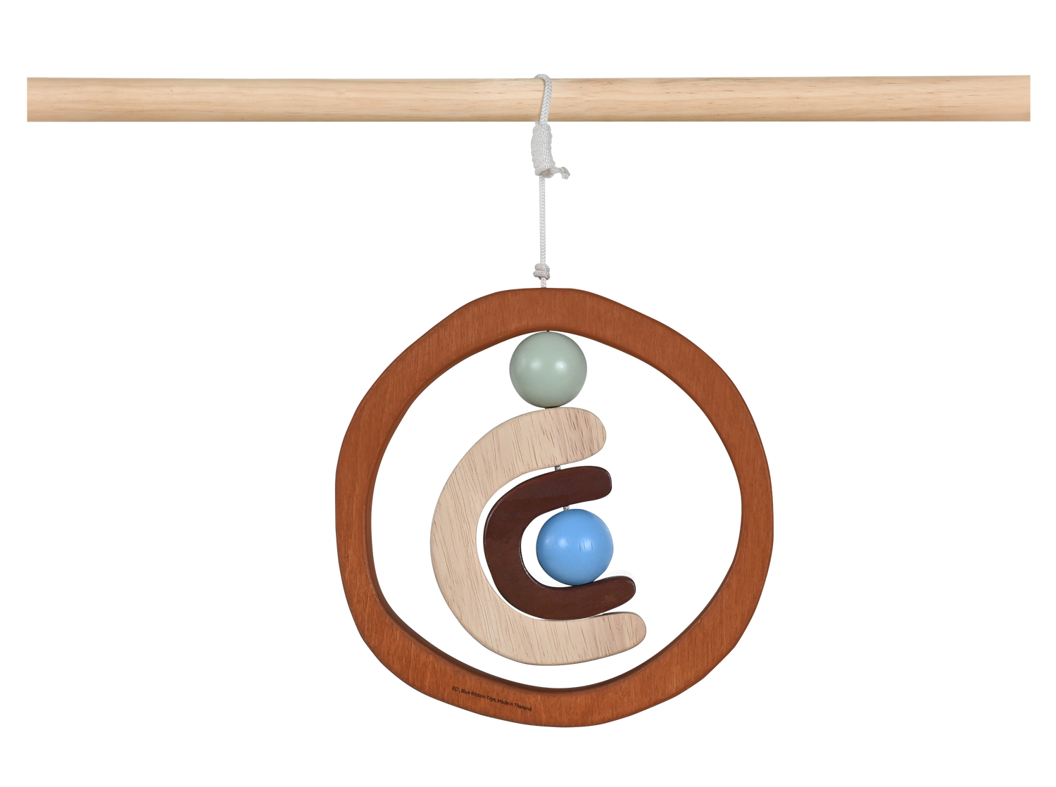 A wooden dream catcher with a circular frame, adorned with a beige and blue spherical ornament, designed as a baby rattle or nursery mobile.