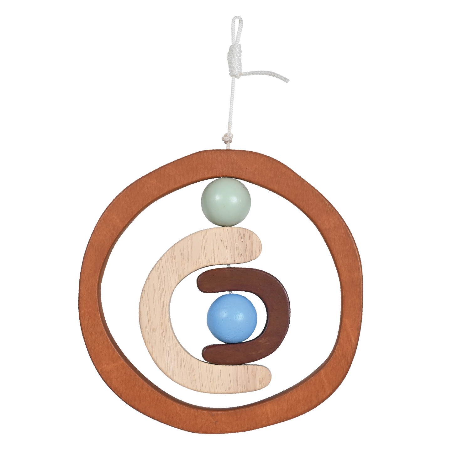 A wooden dream catcher with a circular frame, adorned with a beige and blue spherical ornament, designed as a baby rattle or nursery mobile.