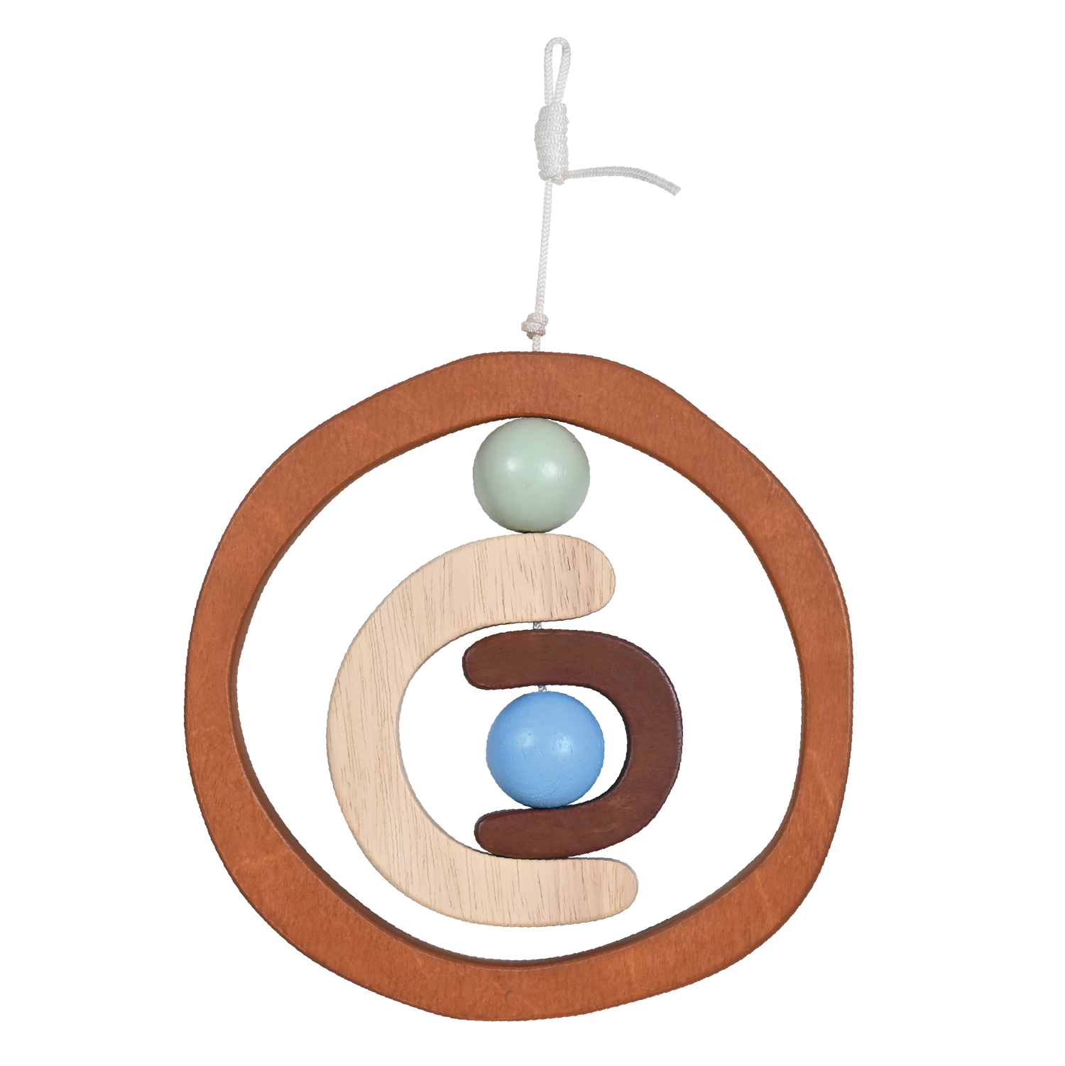 A wooden dream catcher with a circular frame, adorned with a beige and blue spherical ornament, designed as a baby rattle or nursery mobile.
