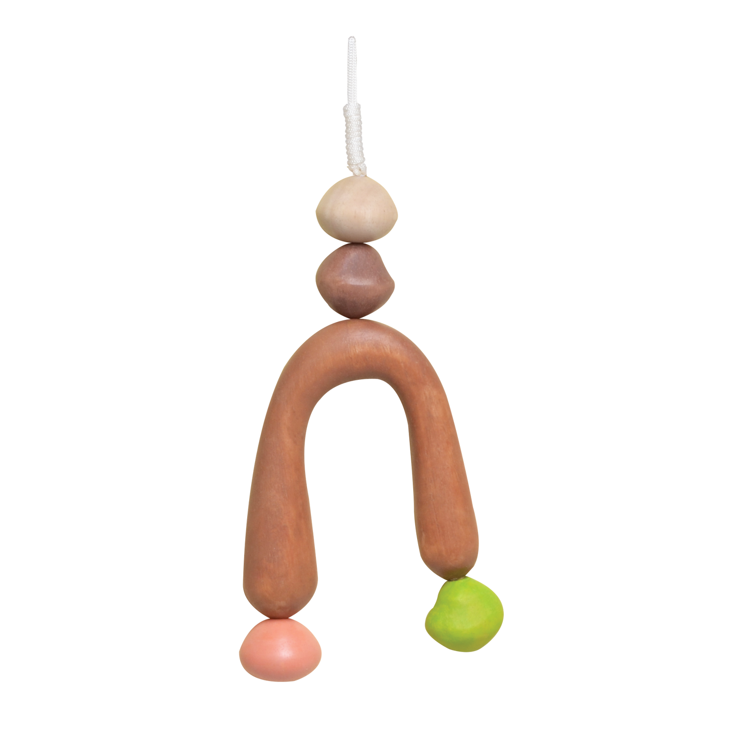 A colorful baby mobile with geometric shapes in brown, pink, green, and blue colors.