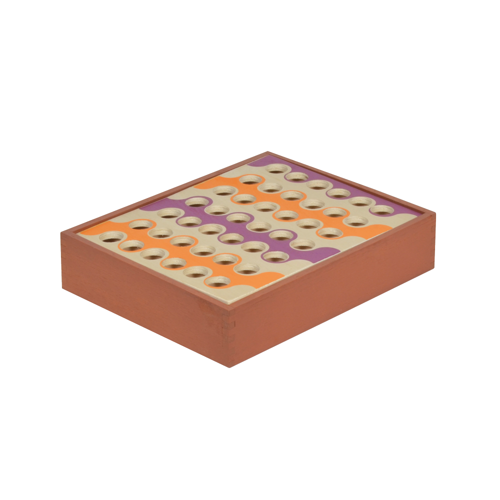 A wooden game called 'FOUR IN A ROW' with beige game board, multicolored game pieces, and red and blue discs placed next to it.