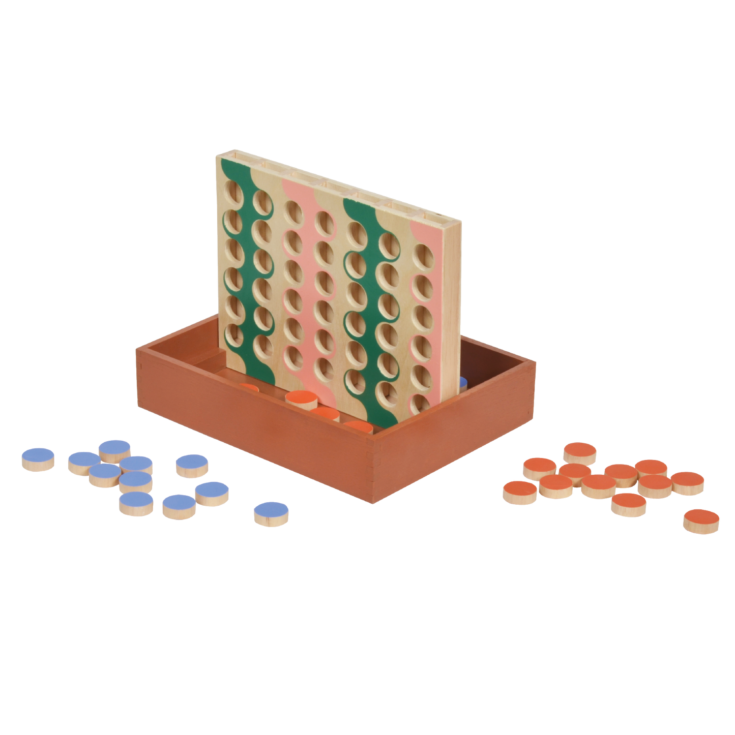 A wooden game called 'FOUR IN A ROW' with beige game board, multicolored game pieces, and red and blue discs placed next to it.