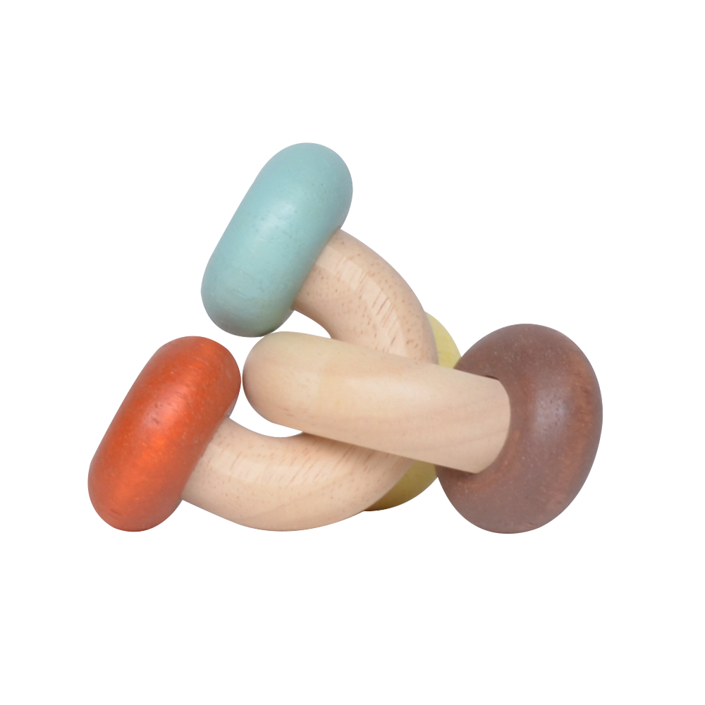 A colorful baby rattle with a wooden chain and plastic beads in shades of blue, red, and beige.