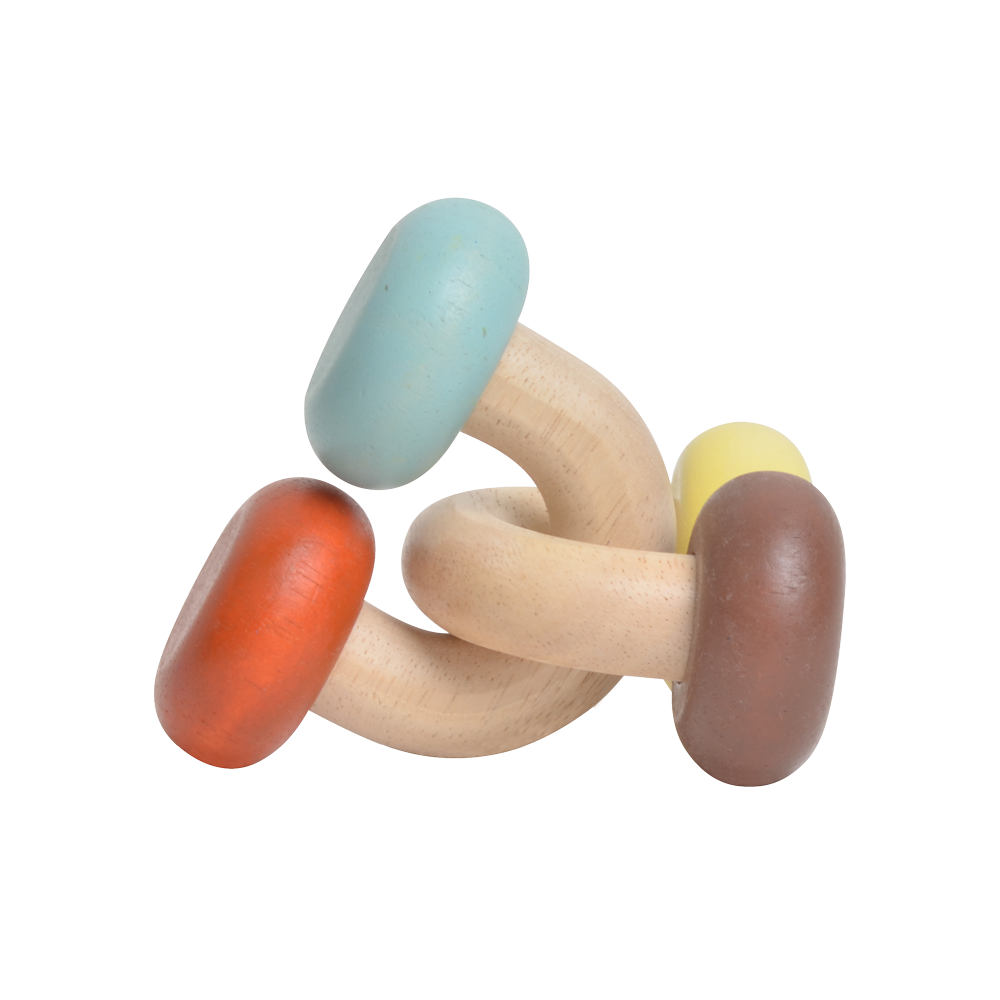 A colorful baby rattle with a wooden chain and plastic beads in shades of blue, red, and beige.