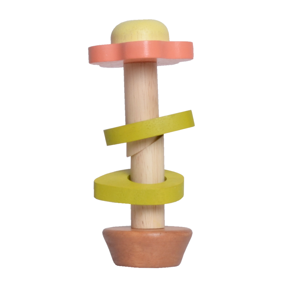 A colorful flower-in-a-pot toy with beads that slide and rattle along twisted wires, designed to stimulate sensory play and encourage grasping and fine motor skills.
