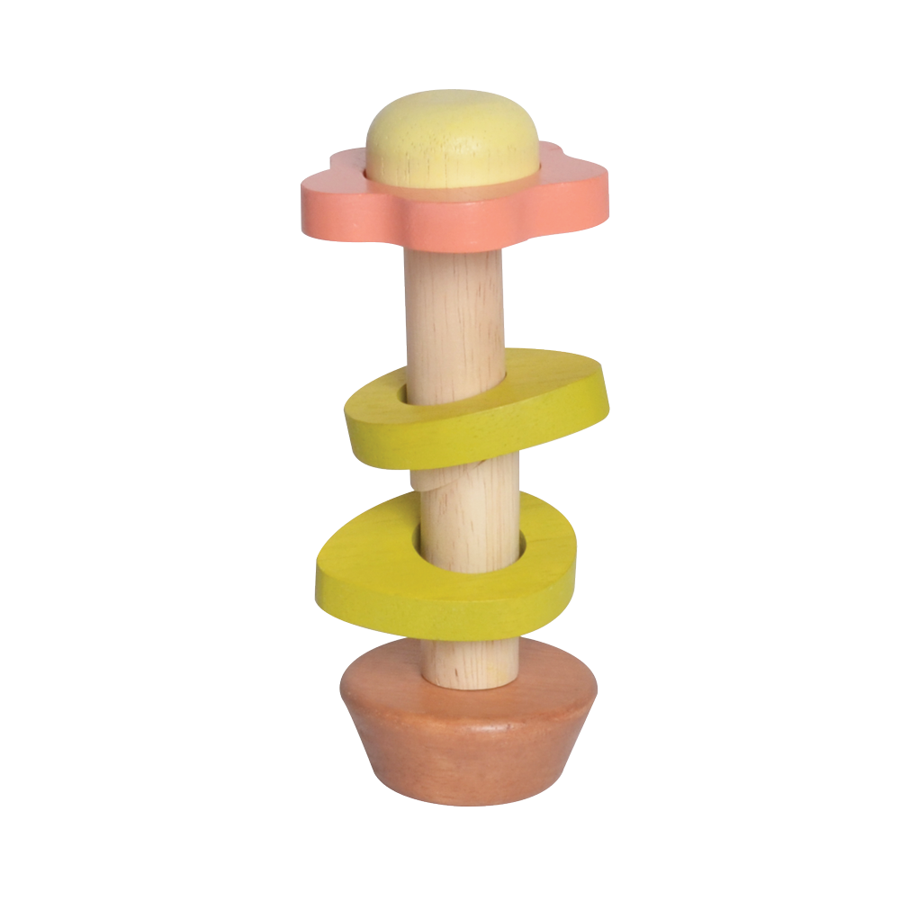 A colorful flower-in-a-pot toy with beads that slide and rattle along twisted wires, designed to stimulate sensory play and encourage grasping and fine motor skills.