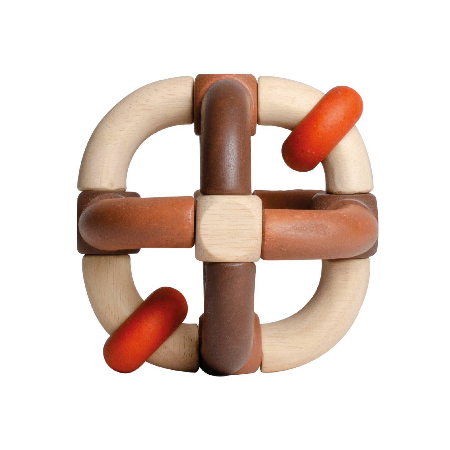 A wooden baby dice rattle with beads and elastic connections in brown and white colors.