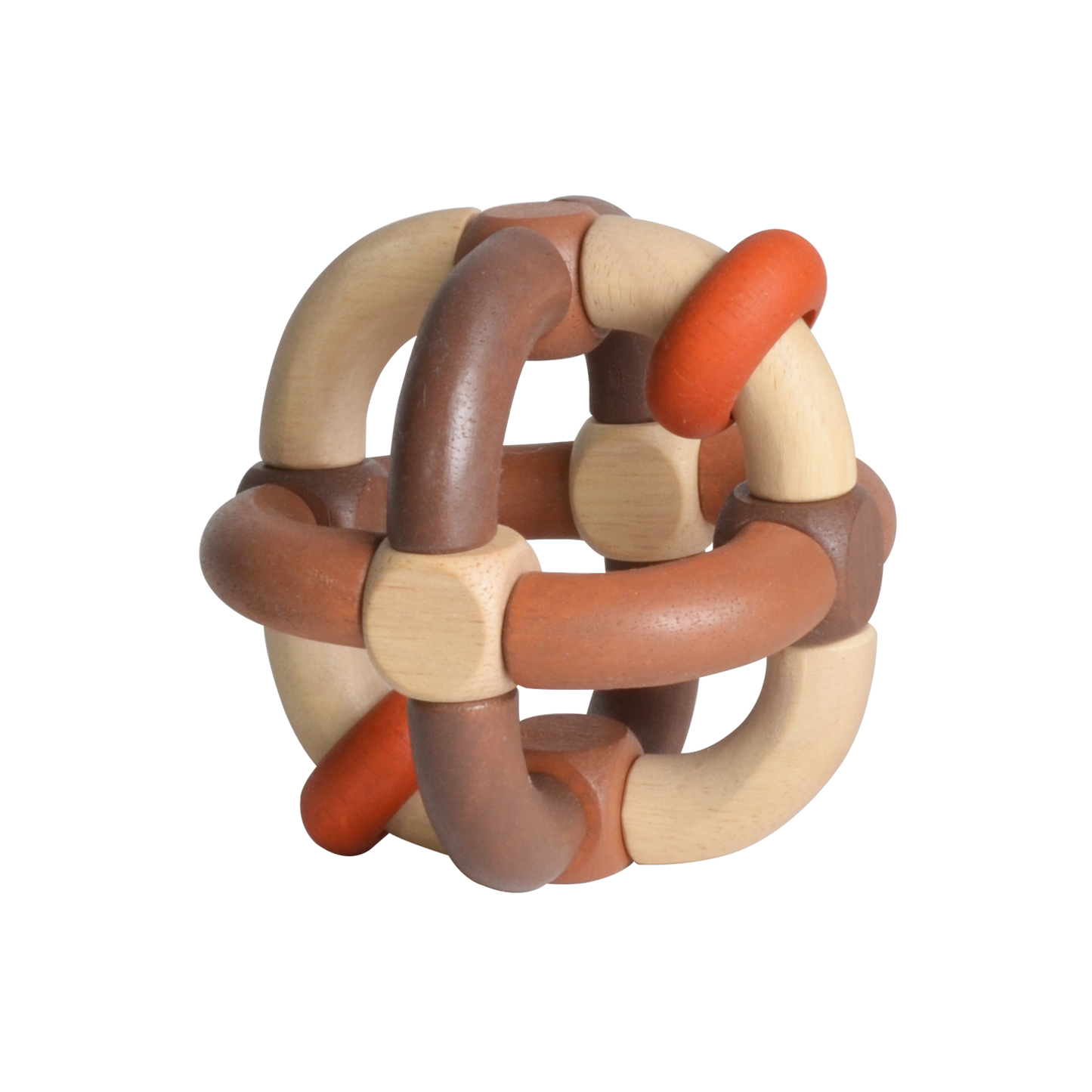 A wooden baby dice rattle with beads and elastic connections in brown and white colors.