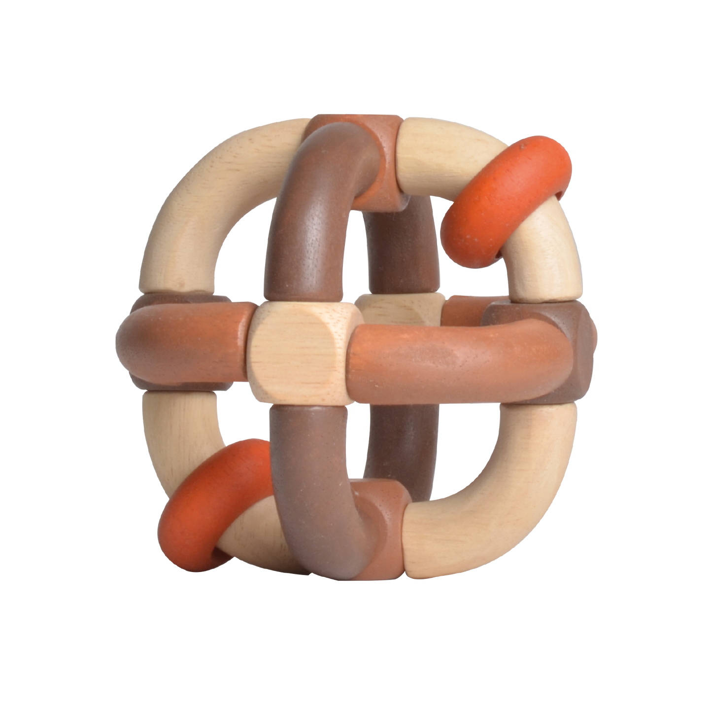 A wooden baby dice rattle with beads and elastic connections in brown and white colors.