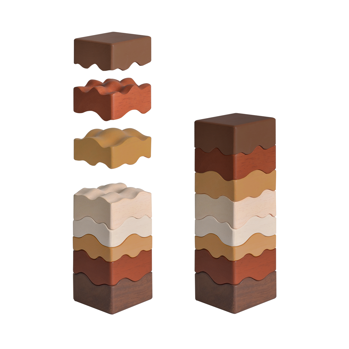 A series of four rammed earth puzzle blocks in different shades of brown, beige, and gray, designed to represent natural layers in a building structure.