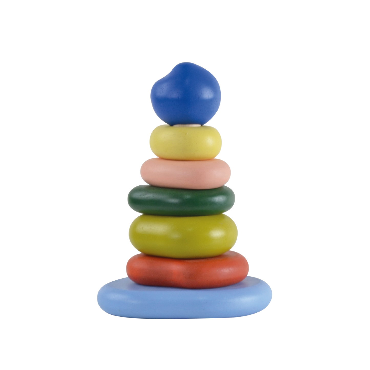 A stack of wooden pebbles in various colors including blue, green, yellow, orange, and red, on a blue base.