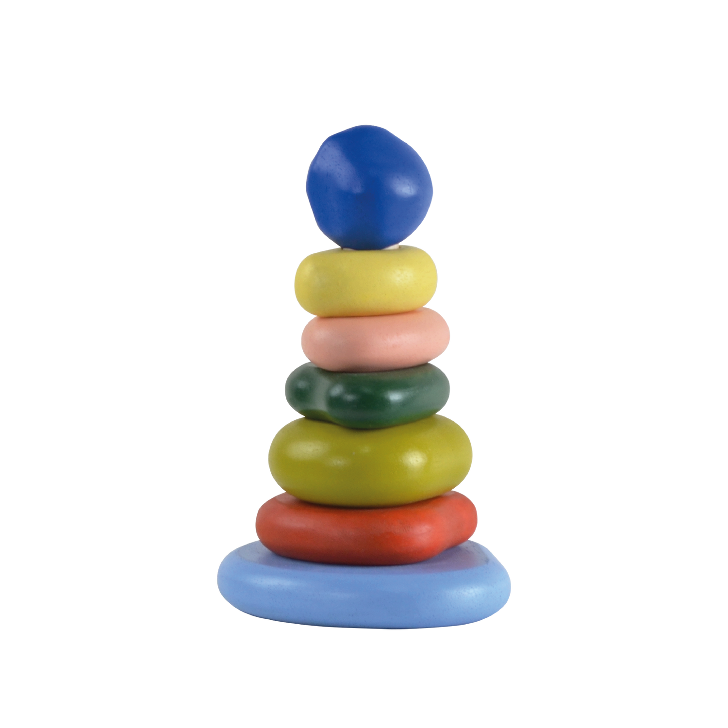 A stack of wooden pebbles in various colors including blue, green, yellow, orange, and red, on a blue base.