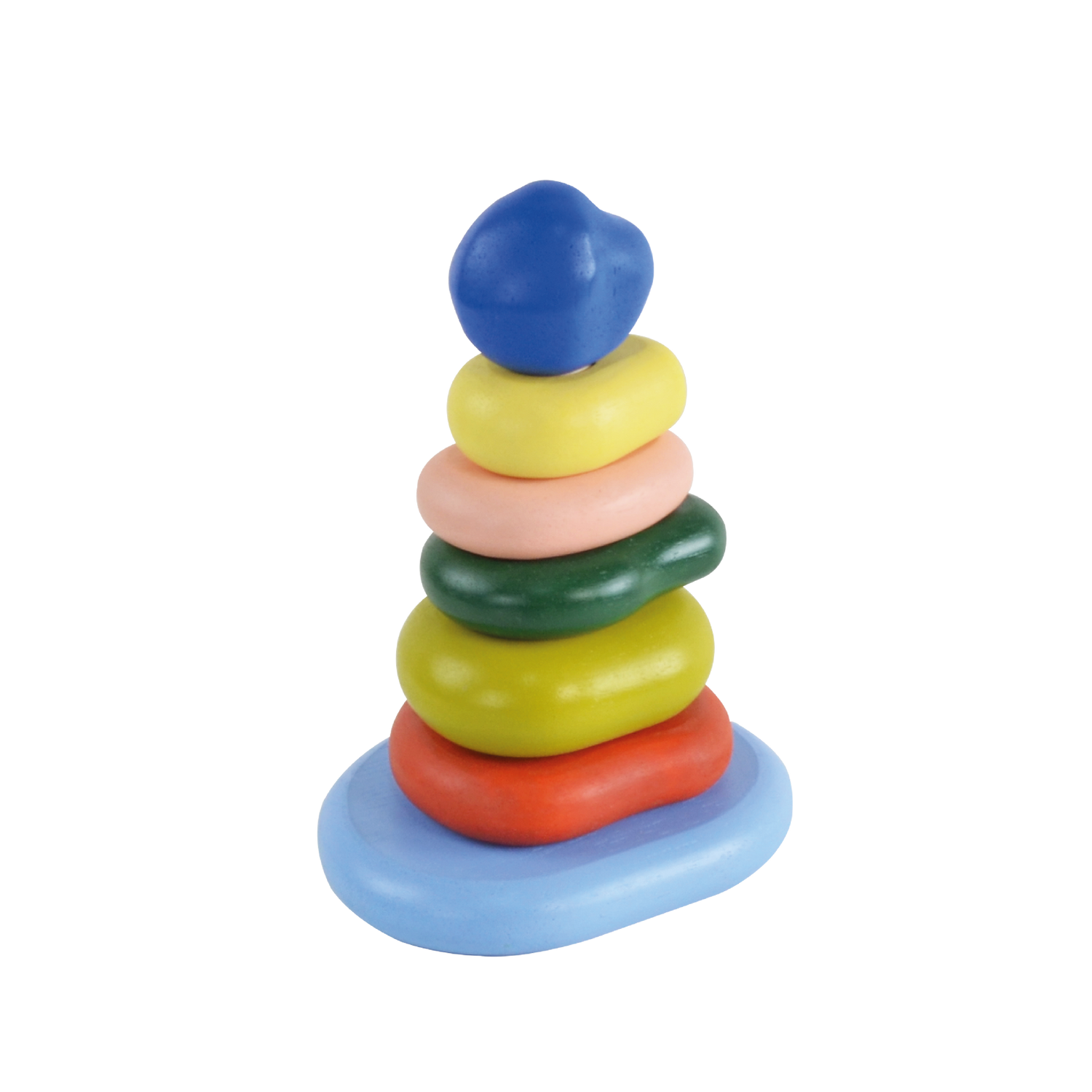 A stack of wooden pebbles in various colors including blue, green, yellow, orange, and red, on a blue base.