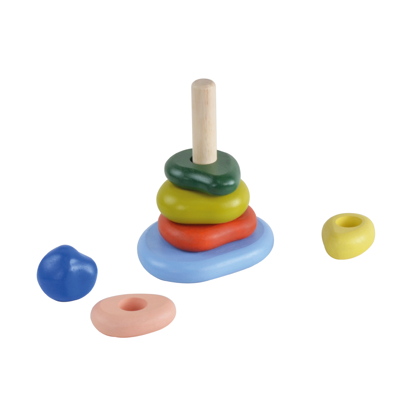 A stack of wooden pebbles in various colors including blue, green, yellow, orange, and red, on a blue base.