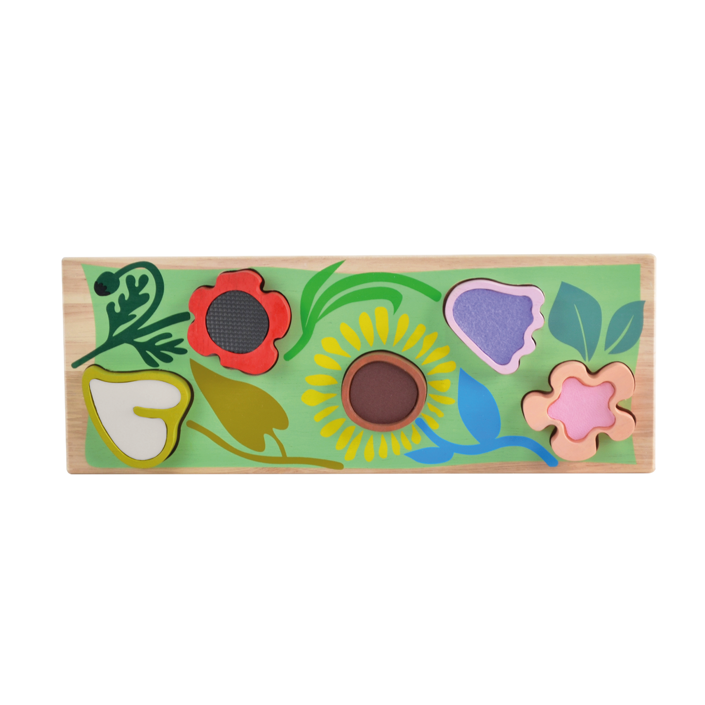 A colorful wooden sensory puzzle with a wild garden theme, featuring various play pieces including a sun, flowers, and fruit shapes.