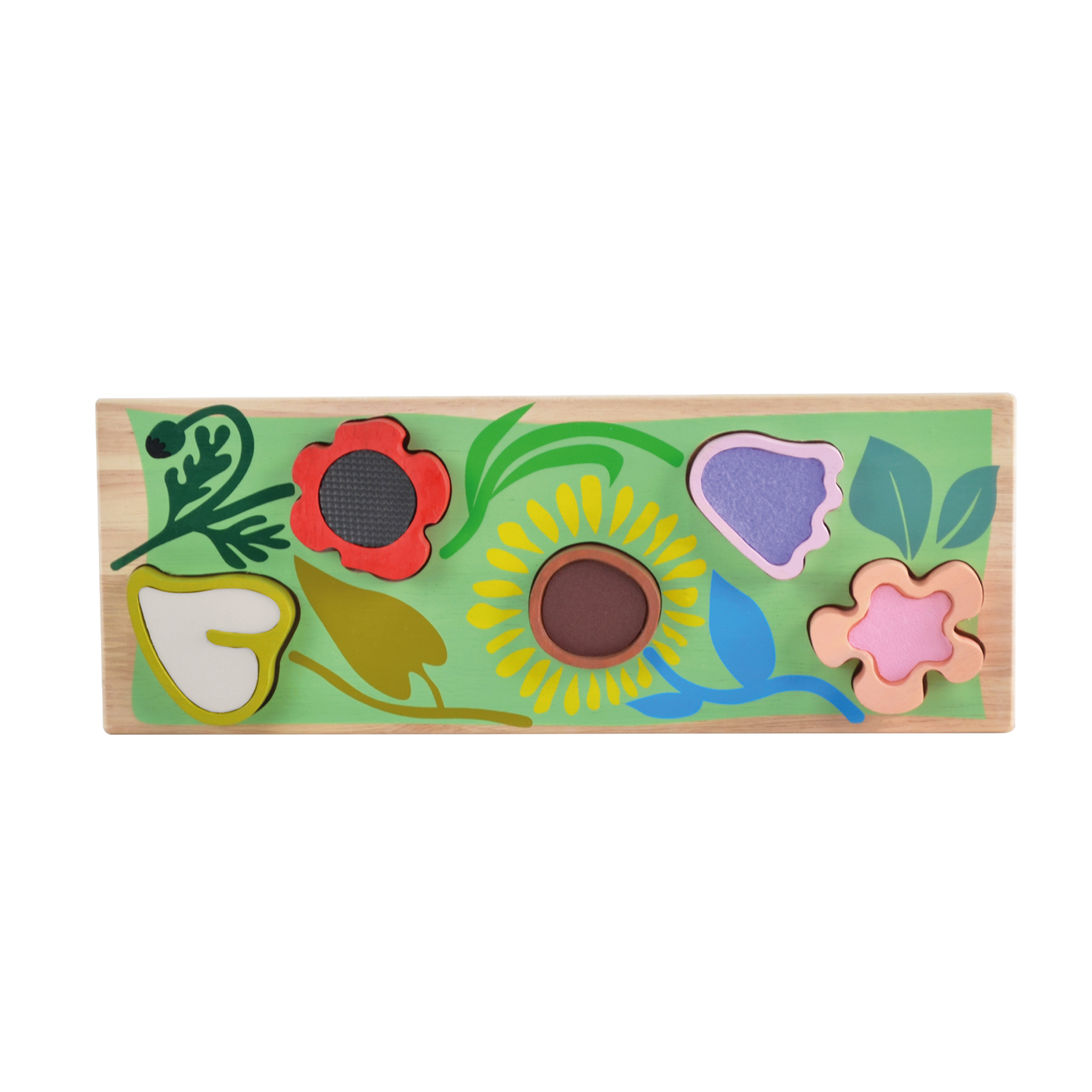 A colorful wooden sensory puzzle with a wild garden theme, featuring various play pieces including a sun, flowers, and fruit shapes.