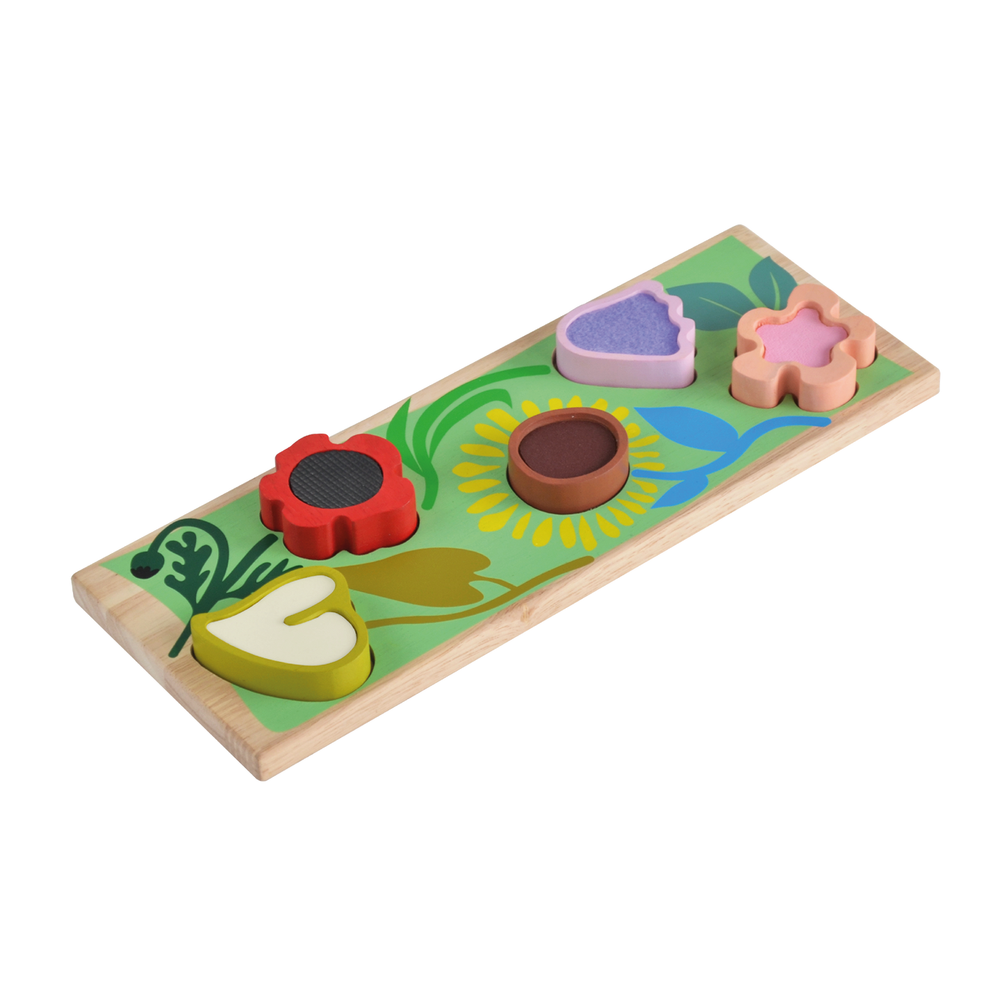 A colorful wooden sensory puzzle with a wild garden theme, featuring various play pieces including a sun, flowers, and fruit shapes.