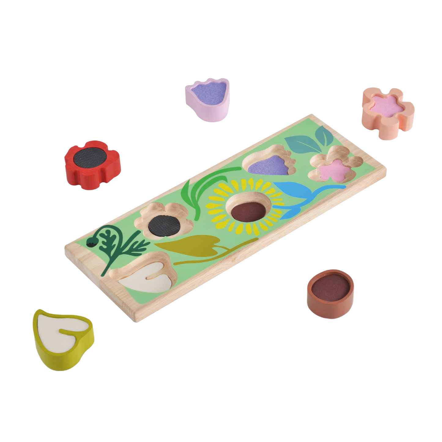 A colorful wooden sensory puzzle with a wild garden theme, featuring various play pieces including a sun, flowers, and fruit shapes.