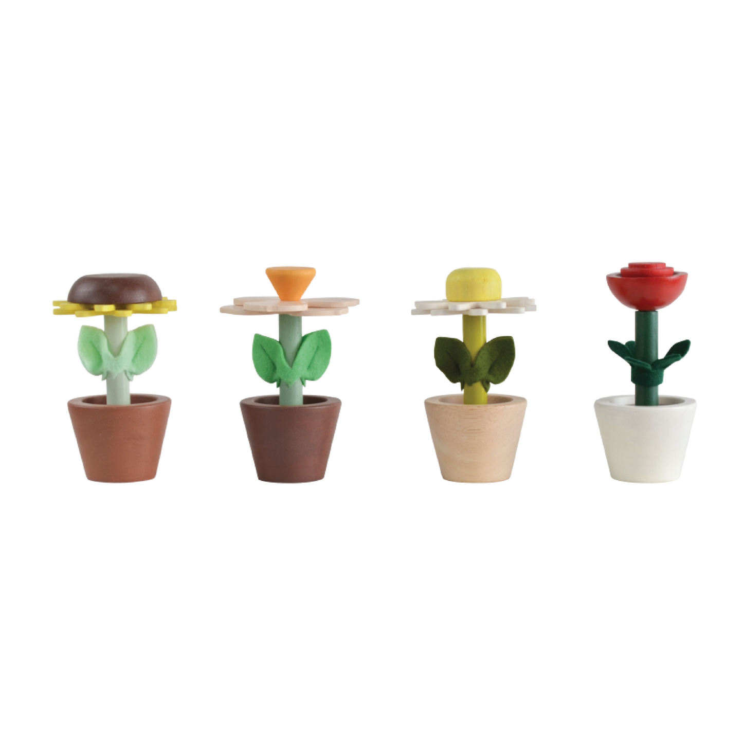 A set of four toy flower pots in different colors representing sunflower, daisy, rose, and cherry blossom, with detachable parts.