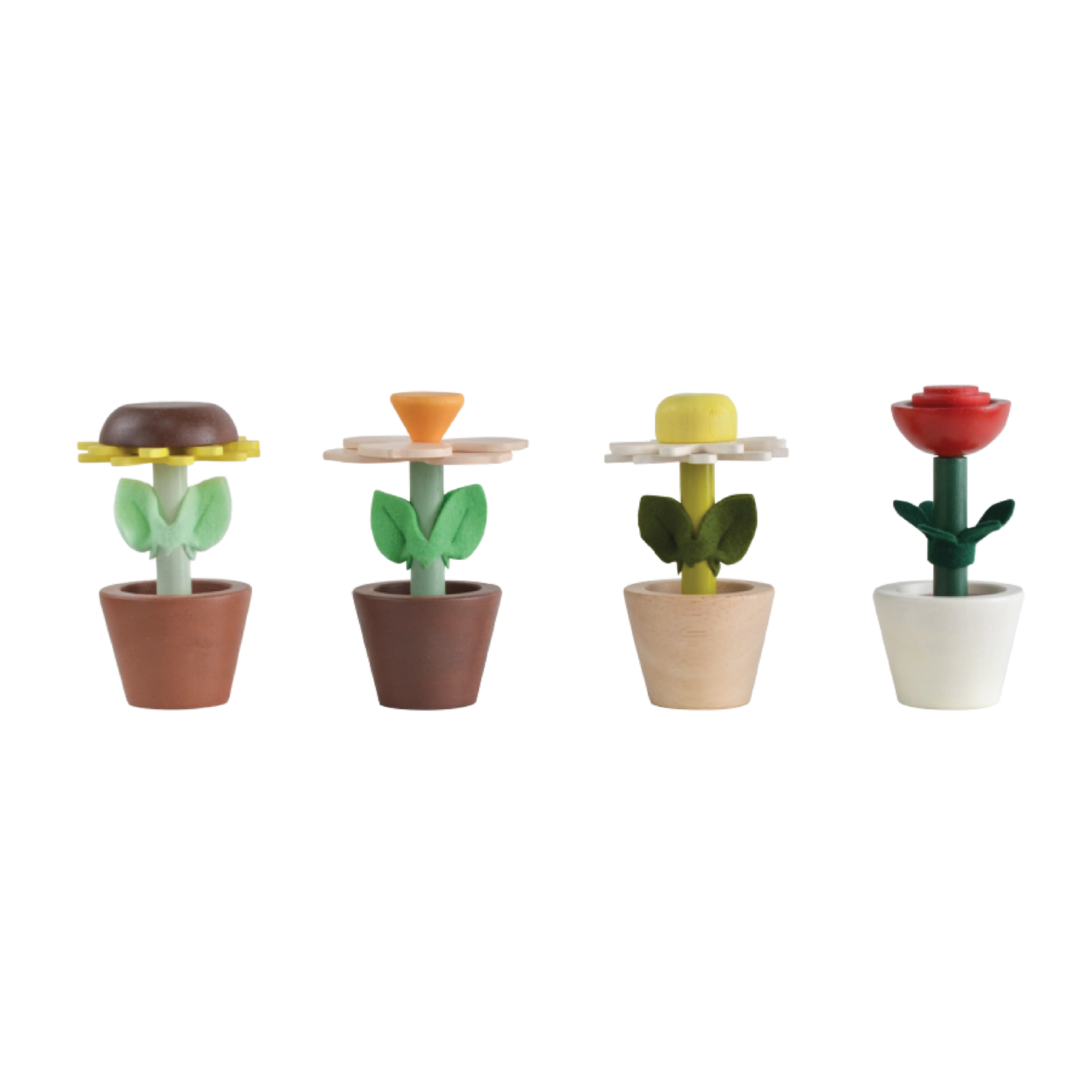 A set of four toy flower pots in different colors representing sunflower, daisy, rose, and cherry blossom, with detachable parts.