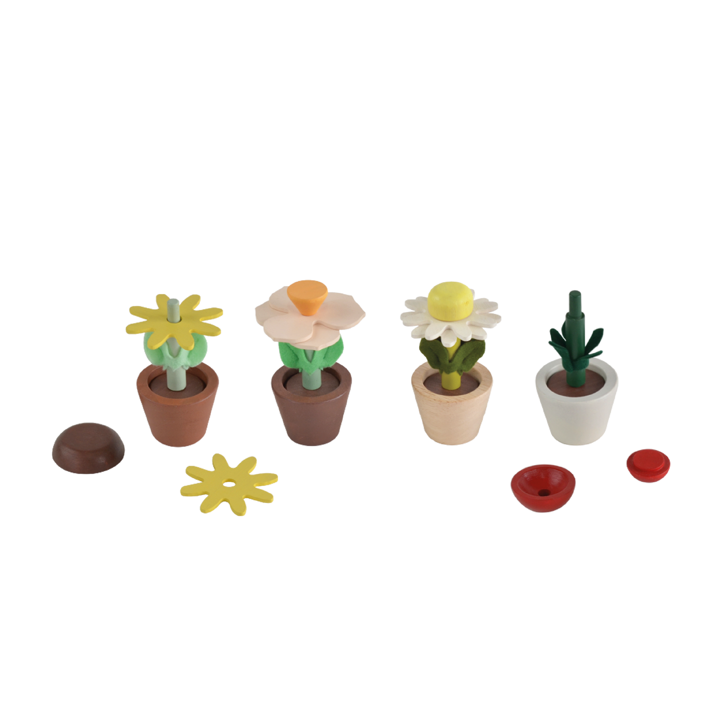 A set of four toy flower pots in different colors representing sunflower, daisy, rose, and cherry blossom, with detachable parts.