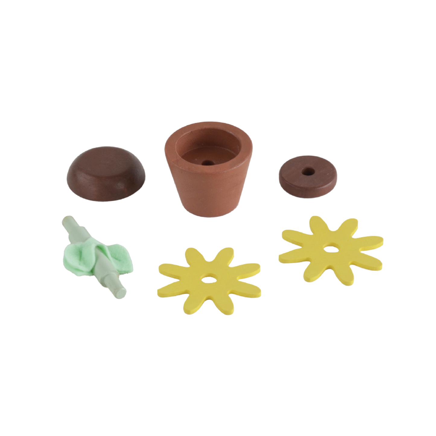 A set of four toy flower pots in different colors representing sunflower, daisy, rose, and cherry blossom, with detachable parts.