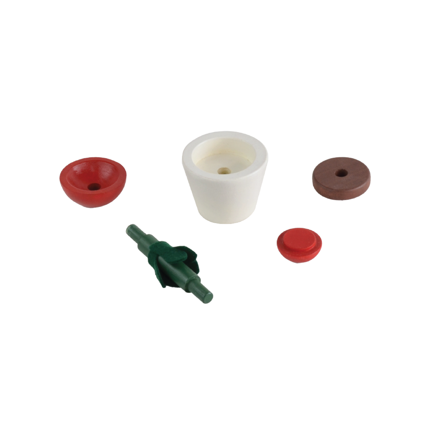 A set of four toy flower pots in different colors representing sunflower, daisy, rose, and cherry blossom, with detachable parts.