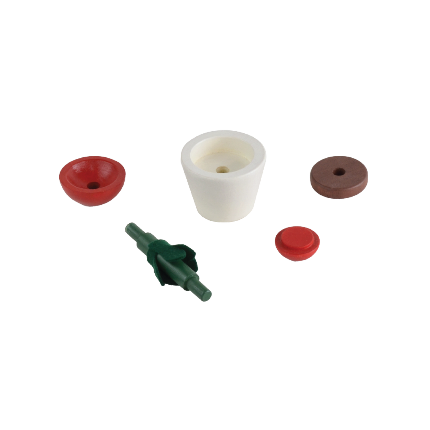 A set of four toy flower pots in different colors representing sunflower, daisy, rose, and cherry blossom, with detachable parts.