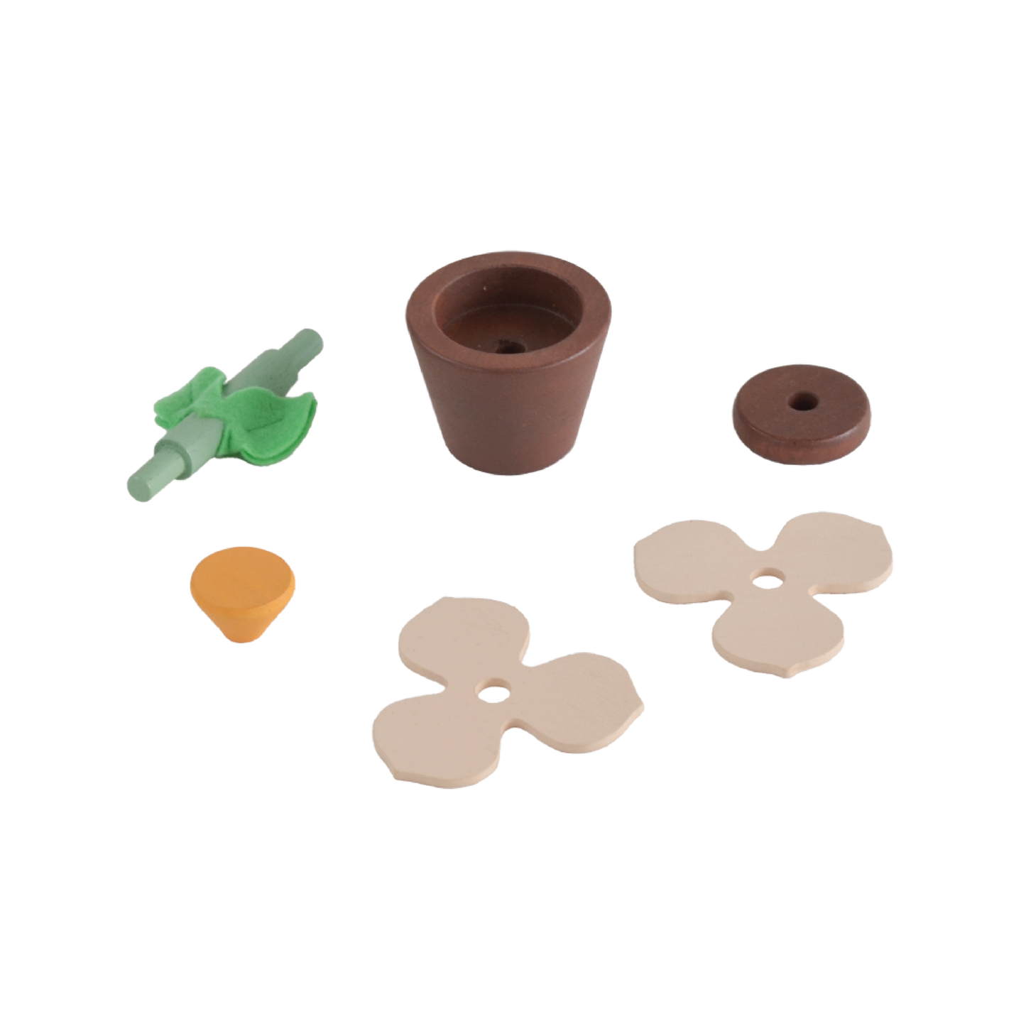 A set of four toy flower pots in different colors representing sunflower, daisy, rose, and cherry blossom, with detachable parts.