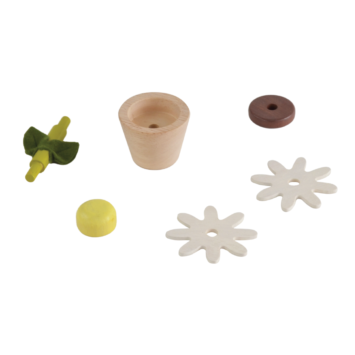 A set of four toy flower pots in different colors representing sunflower, daisy, rose, and cherry blossom, with detachable parts.