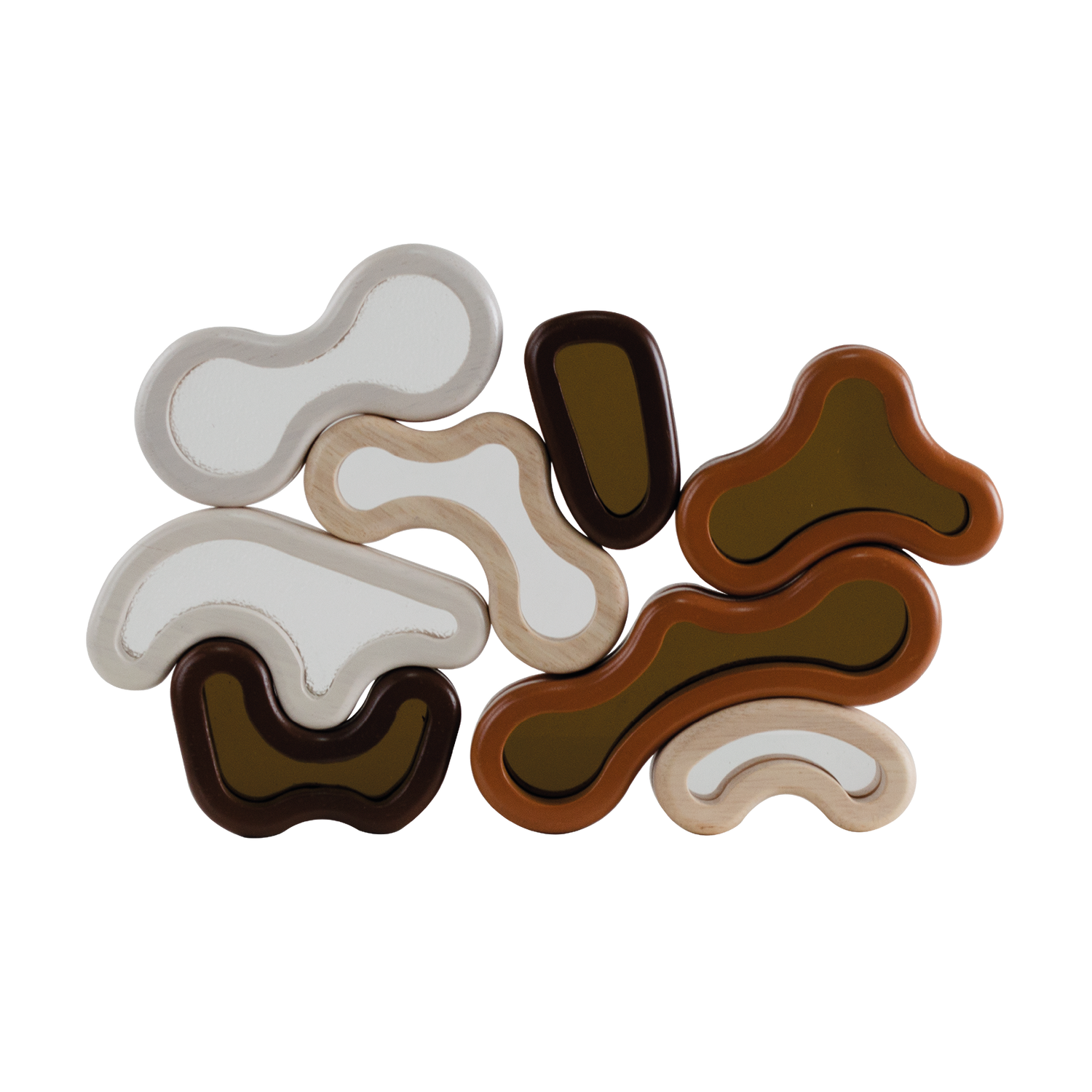 A set of multicolored organic acrylic blocks of various shapes placed on a white background.