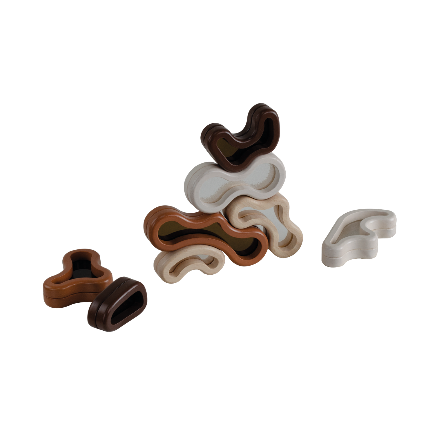 A set of natural brown wooden blocks with smooth organic shapes stacked together.