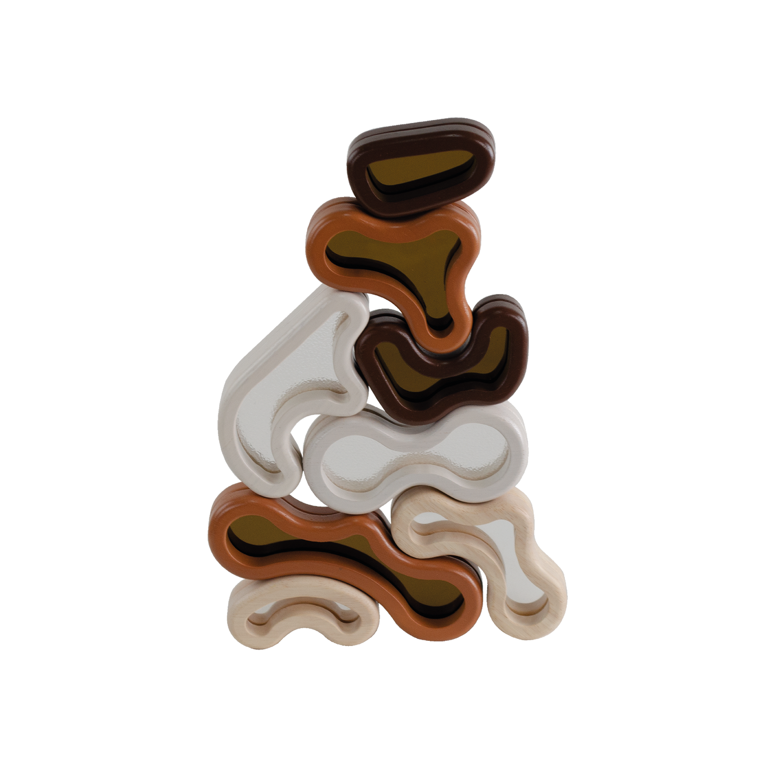 A set of natural brown wooden blocks with smooth organic shapes stacked together.