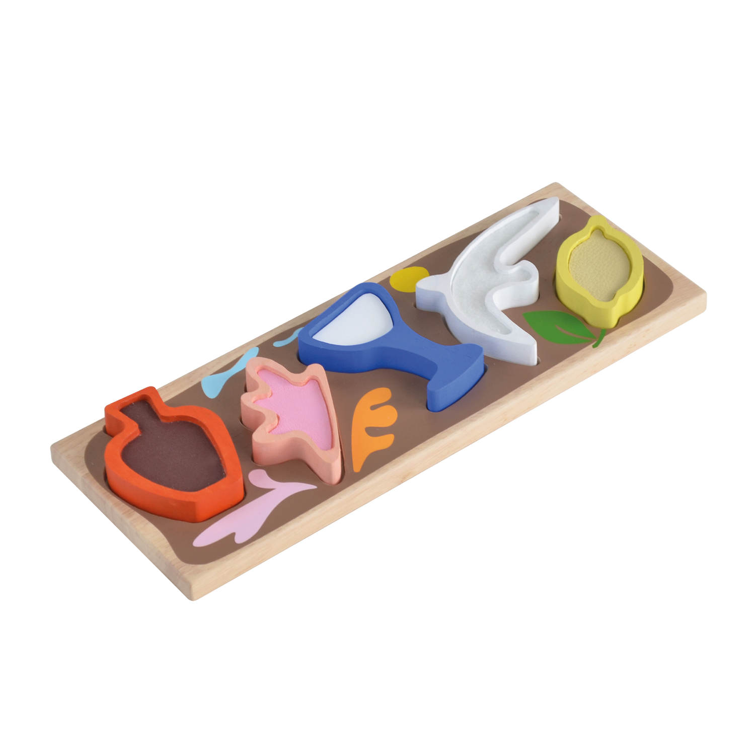 Wooden sensory puzzle with textured and shaped pieces that match illustrated slots on a tray, inspired by modernist art from the French Riviera.