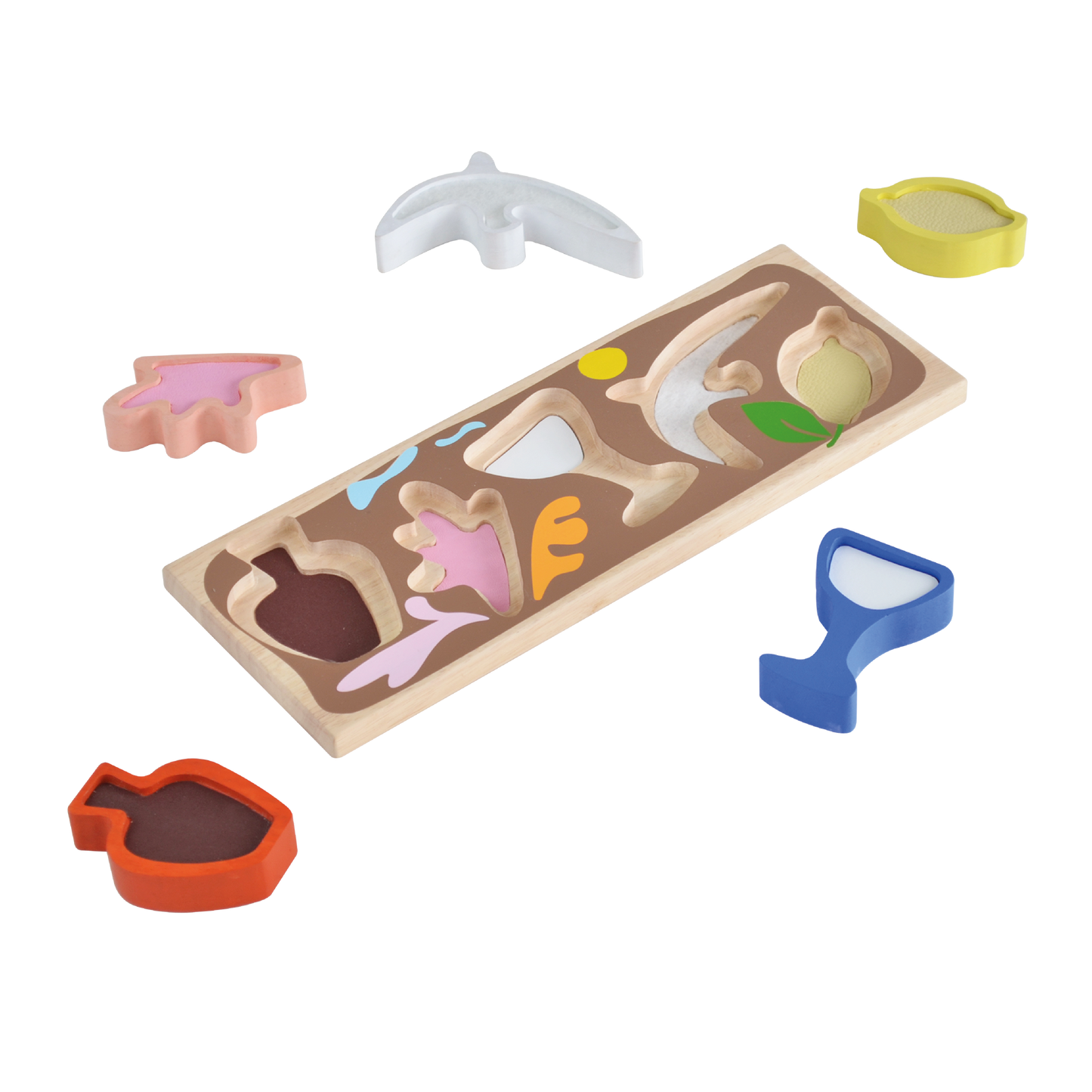Wooden sensory puzzle with textured and shaped pieces that match illustrated slots on a tray, inspired by modernist art from the French Riviera.