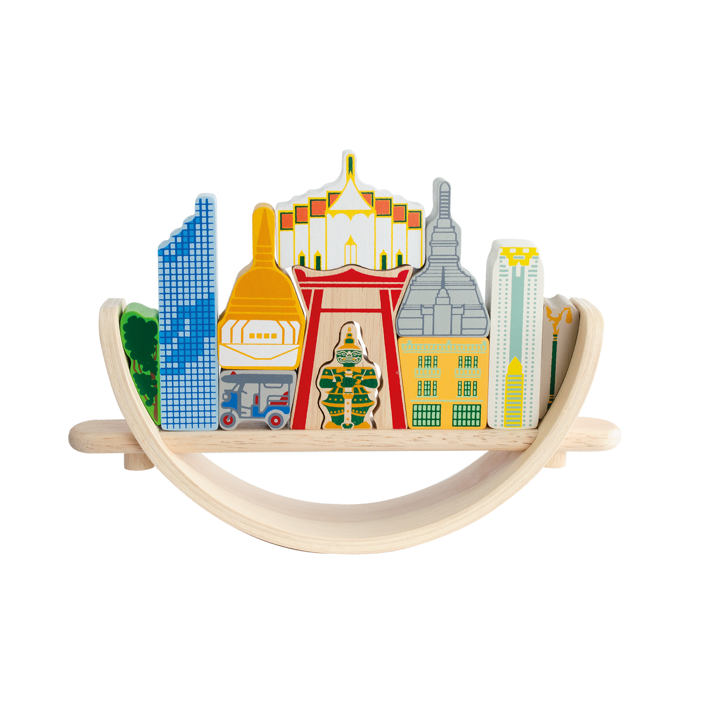 A colorful balancing toy set representing a Bangkok cityscape, with various landmarks trying to balance on a crescent base.